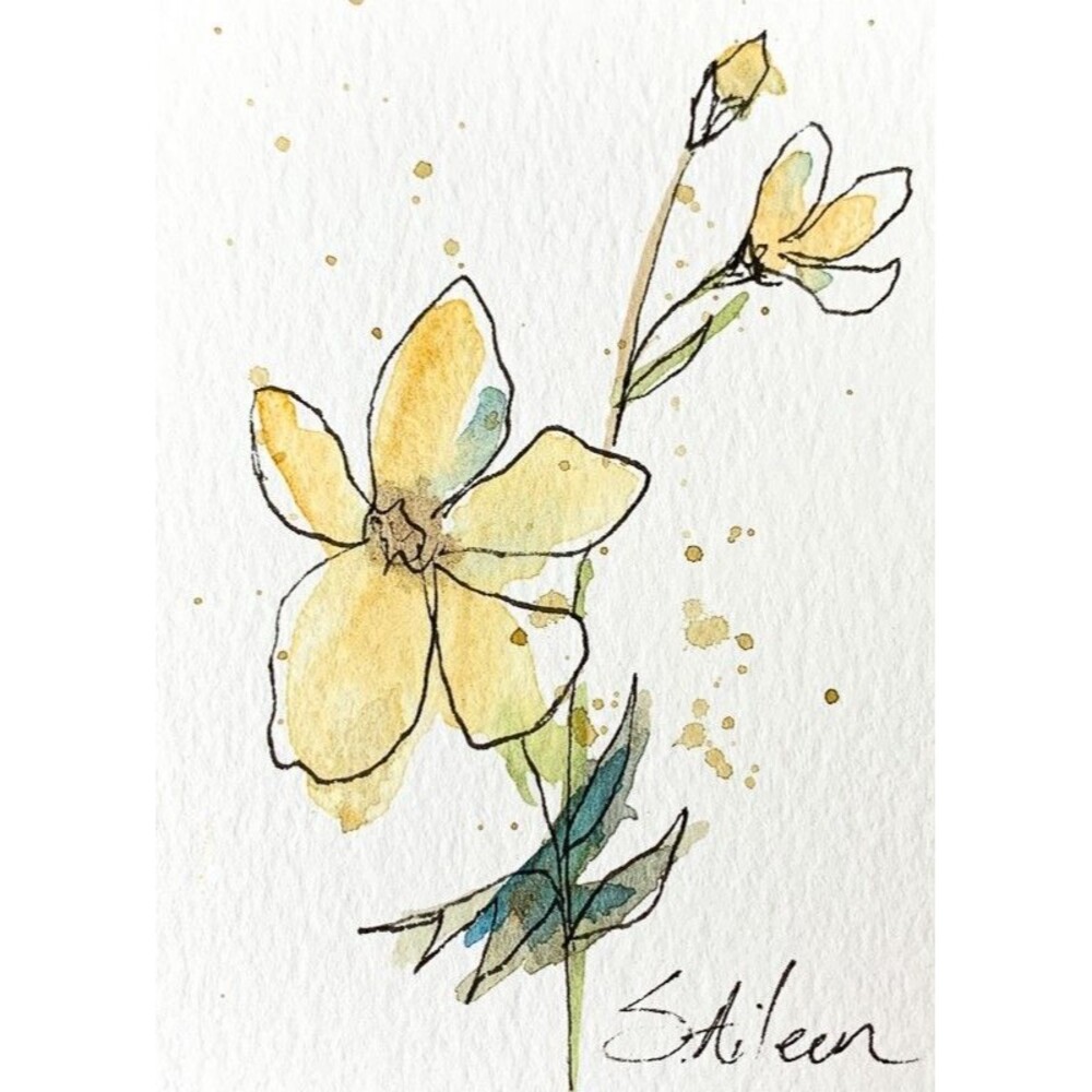 ACEO Painting Watercolor Ink Yellow Flower Green Botanical Minimalist II Signed
